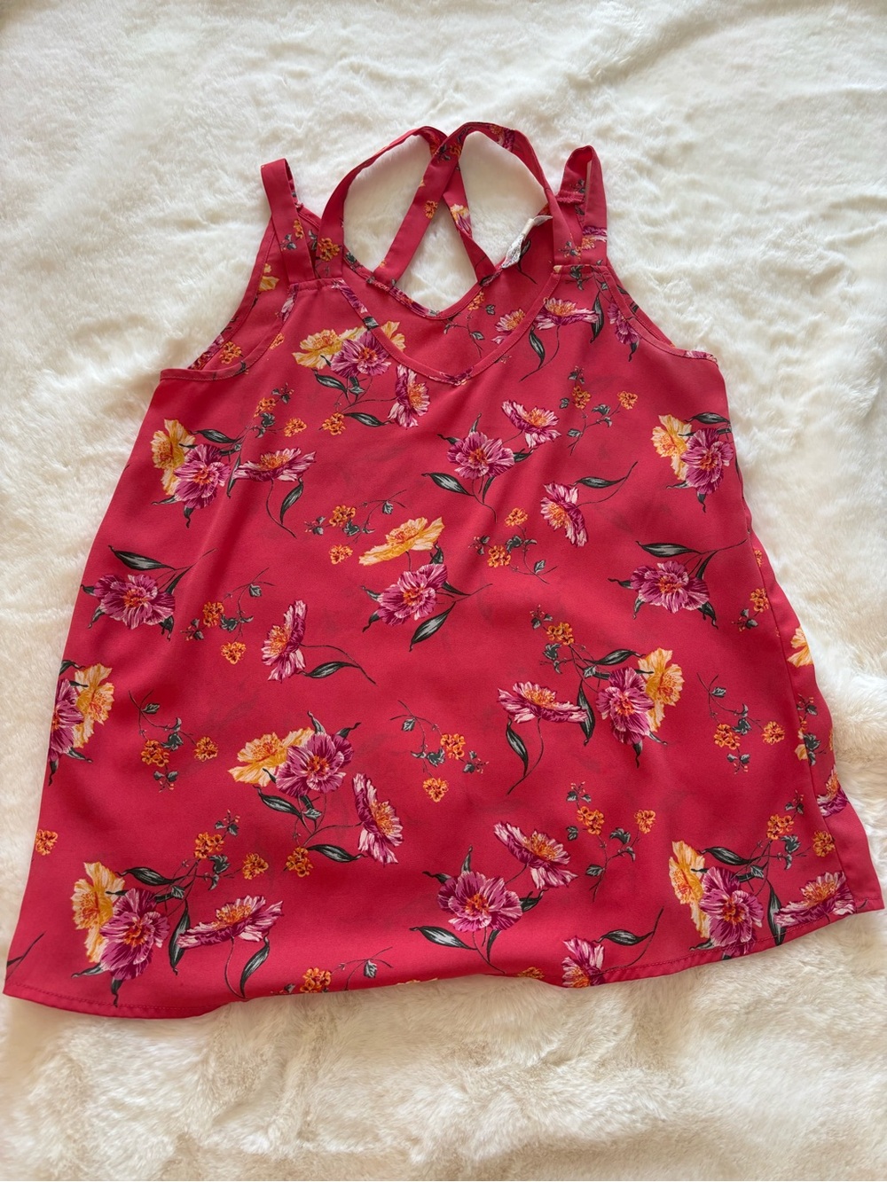 Pink Rose Girls Floral Crossback Dress - Red with Pink & Yellow Flowers